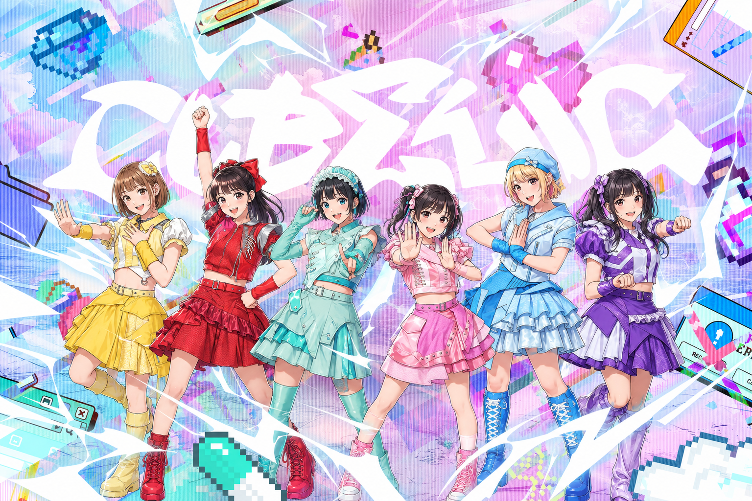 6人のアニメ風アイドルがパステルサイバー空間でポーズを取るCUBΣLICファンページ用イメージビジュアル